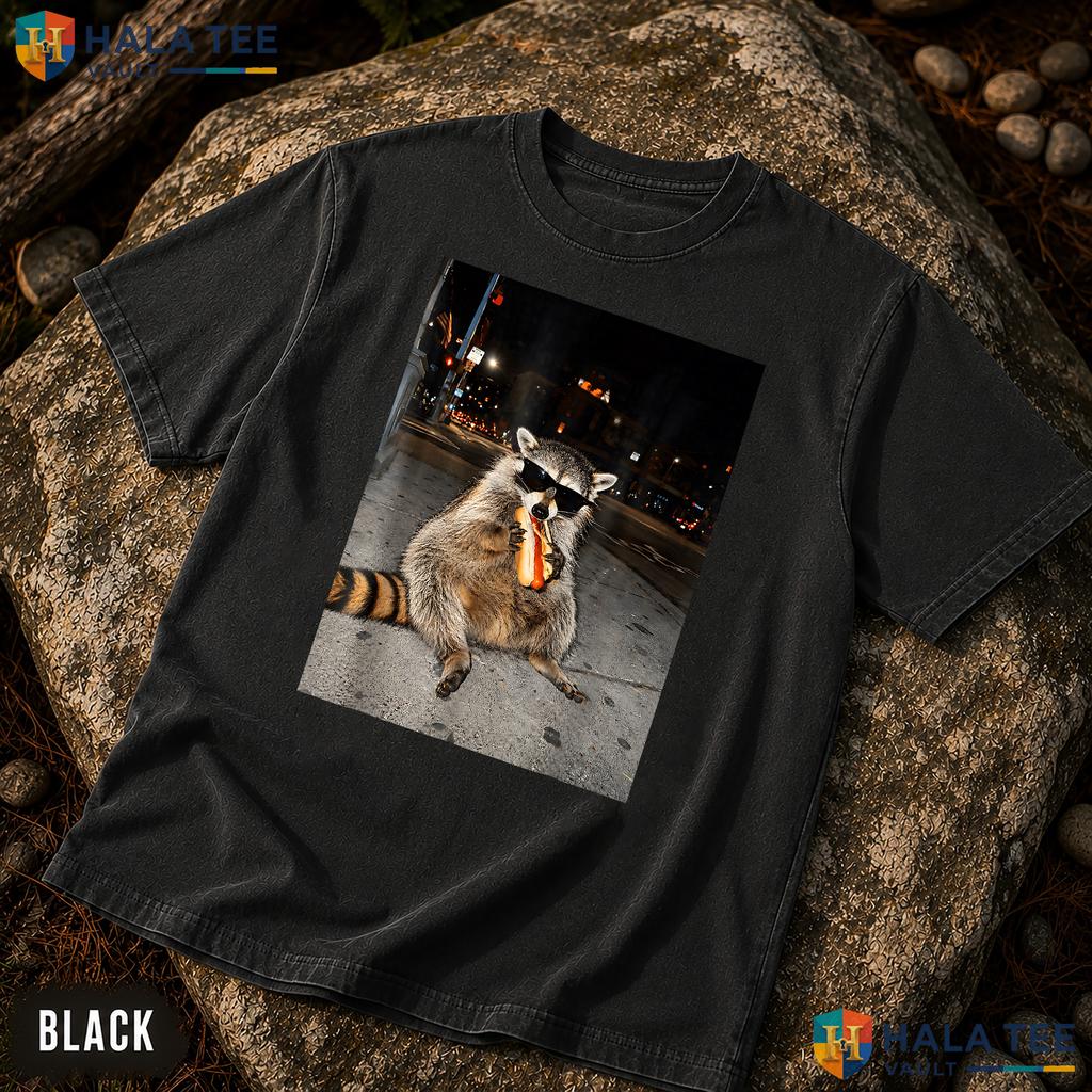 Raccoon Eating Hot Dogs Garment-Dyed T-Shirt Funny Hungry Trash Panda Top