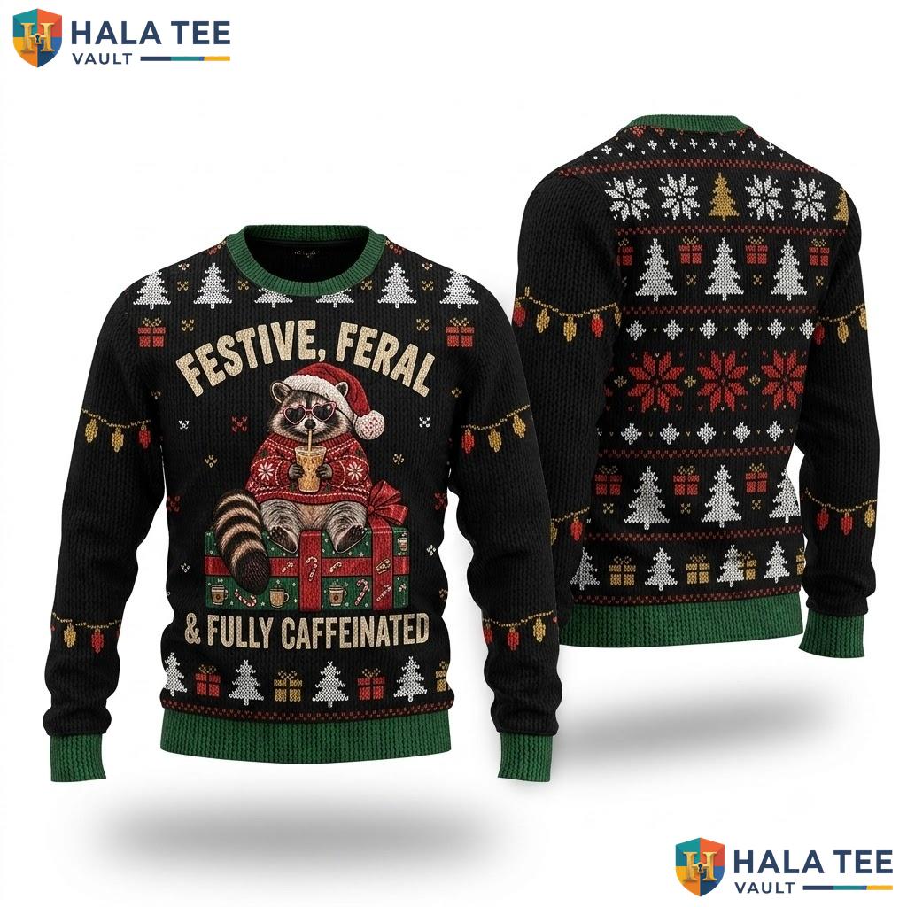 Raccoon Fully Caffeinated Ugly Sweater Funny Christmas Graphic Outfit