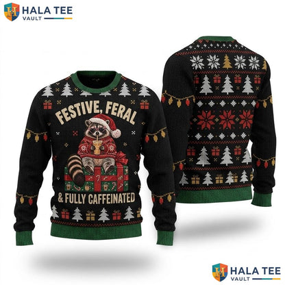 Raccoon Fully Caffeinated Ugly Sweater Funny Christmas Graphic Outfit