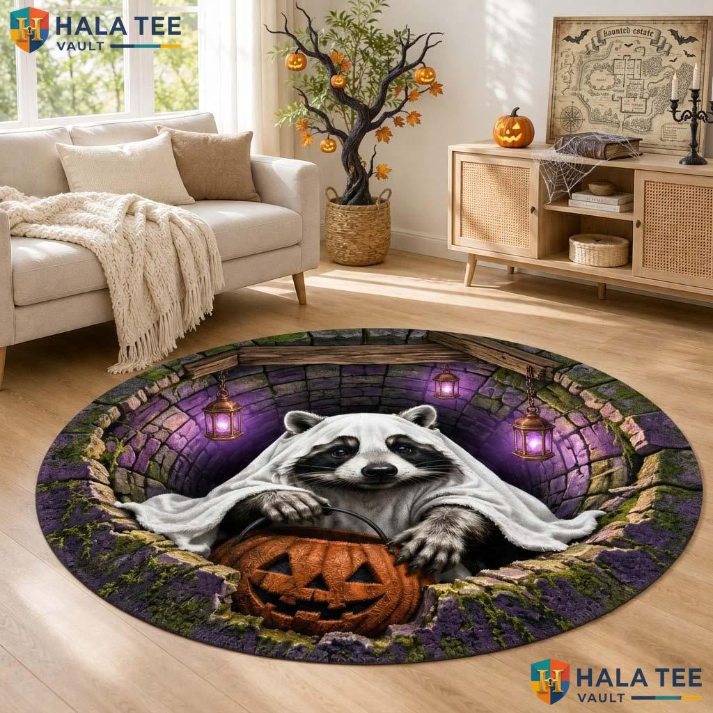 Raccoon Ghost Halloween Round Area Rug 3D Funny Pumpkin Illusion Mat