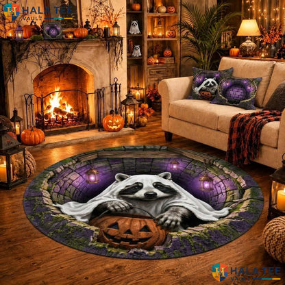 Raccoon Ghost Halloween Round Area Rug 3D Funny Pumpkin Illusion Mat Adult