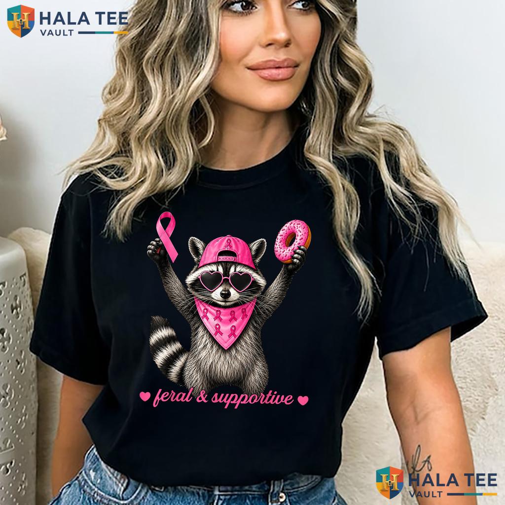 Raccoon Pink Ribbon Cancer Tee Feral Supportive Breast Boys Top Adult