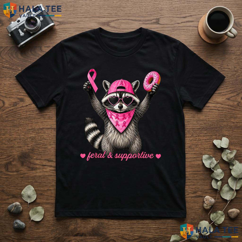 Raccoon Pink Ribbon Cancer Tee Feral Supportive Breast Boys Top Adult