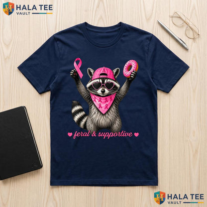 Raccoon Pink Ribbon Cancer Tee Feral Supportive Breast Boys Top Adult