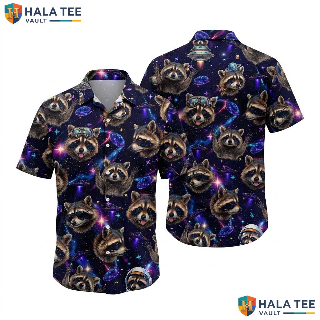 Raccoon Space Farm Life Hawaiian Shirt Mens Aloha Button Down Vacation