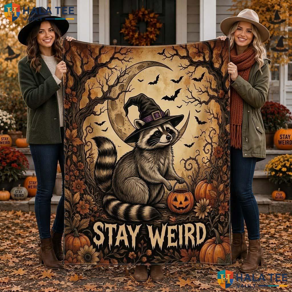 Raccoon Witch Halloween Blanket Cool Stay Weird Pumpkin Bat Throw