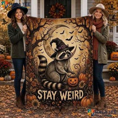 Raccoon Witch Halloween Blanket Cool Stay Weird Pumpkin Bat Throw