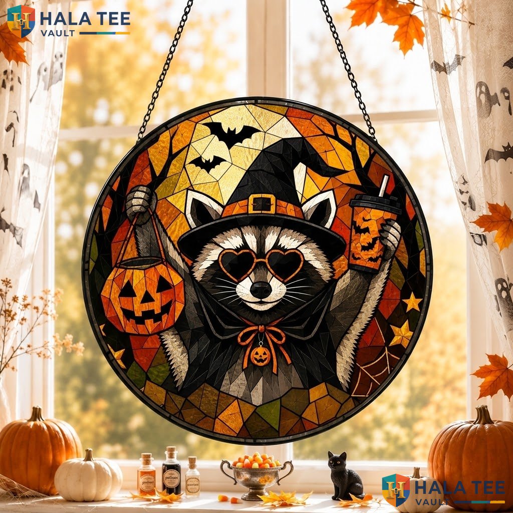 Raccoon Witch Halloween Stained Glass Suncatcher Spooky Pumpkin Drink Hanging