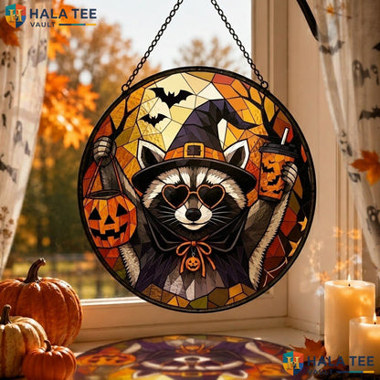 Raccoon Witch Halloween Stained Glass Suncatcher Spooky Pumpkin Drink Hanging Adult