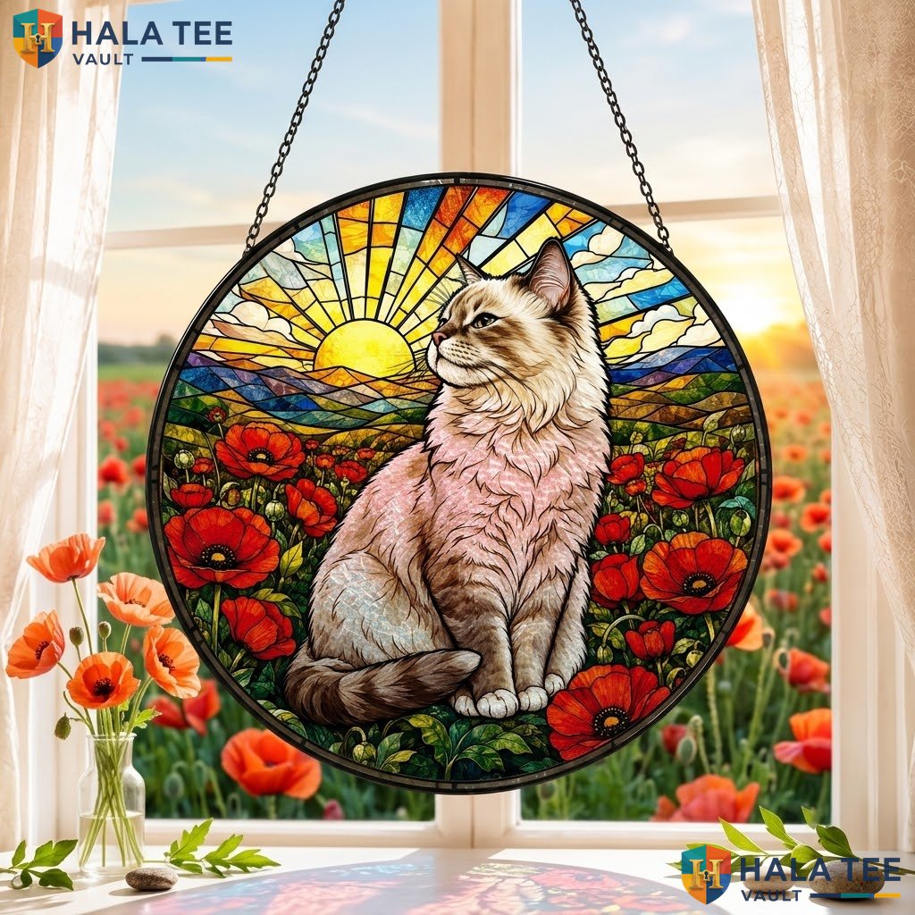 Ragdoll Cat Halloween Stained Glass Suncatcher Vibrant Poppies Sunrise Window