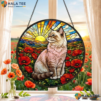 Ragdoll Cat Halloween Stained Glass Suncatcher Vibrant Poppies Sunrise Window