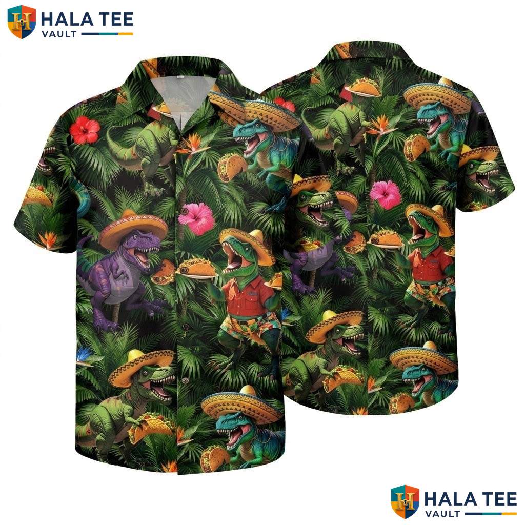 Rainforest Dinosaur Hawaiian Shirt Mens Novelty Tropical Vacation Outfit