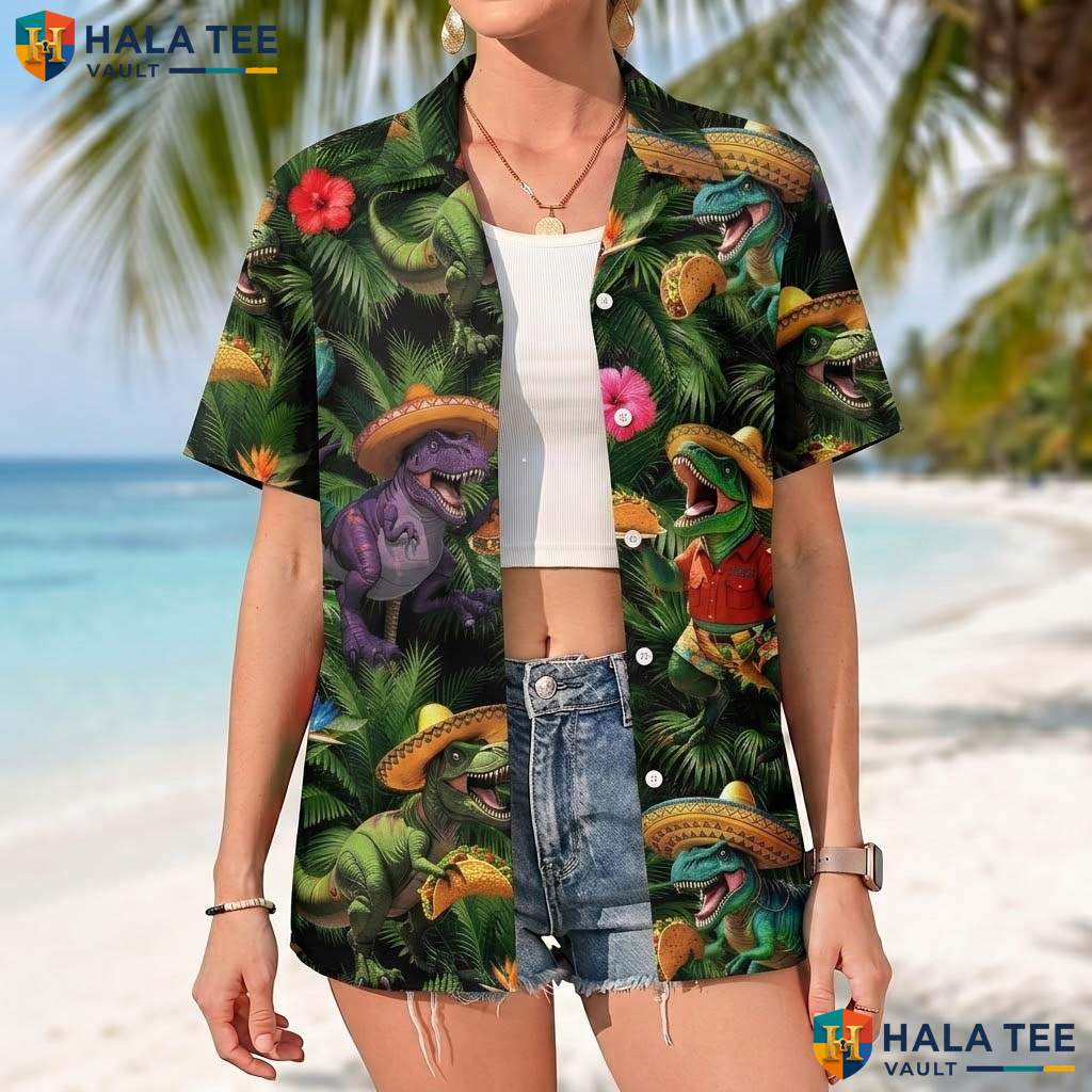Rainforest Dinosaur Short-sleeve button-up shirt Mens Novelty Tropical Vacation Outfit