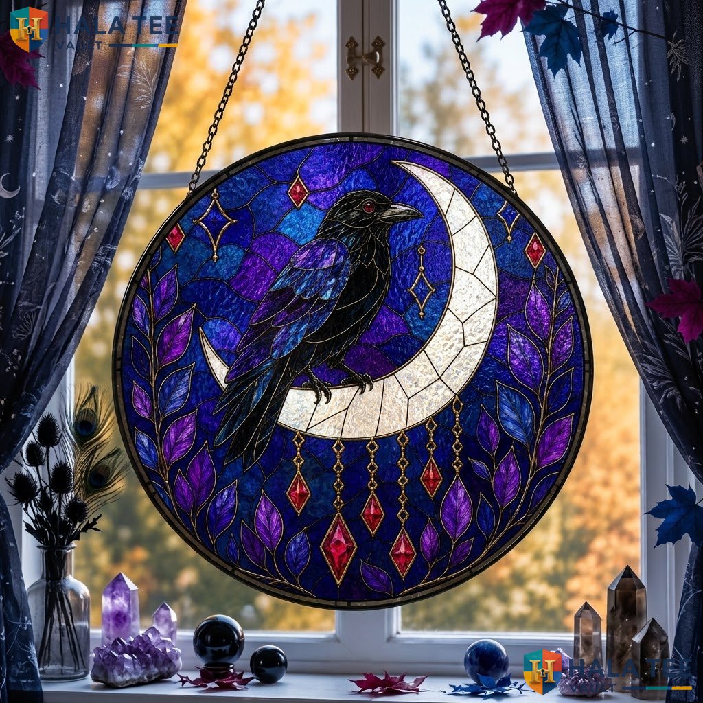 Raven Moon Halloween Stained Glass Suncatcher Gothic Home Window Art Decor