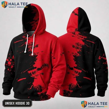 Red Black Splatter 3D Hoodie Bold Artistic Graphic Halloween Apparel