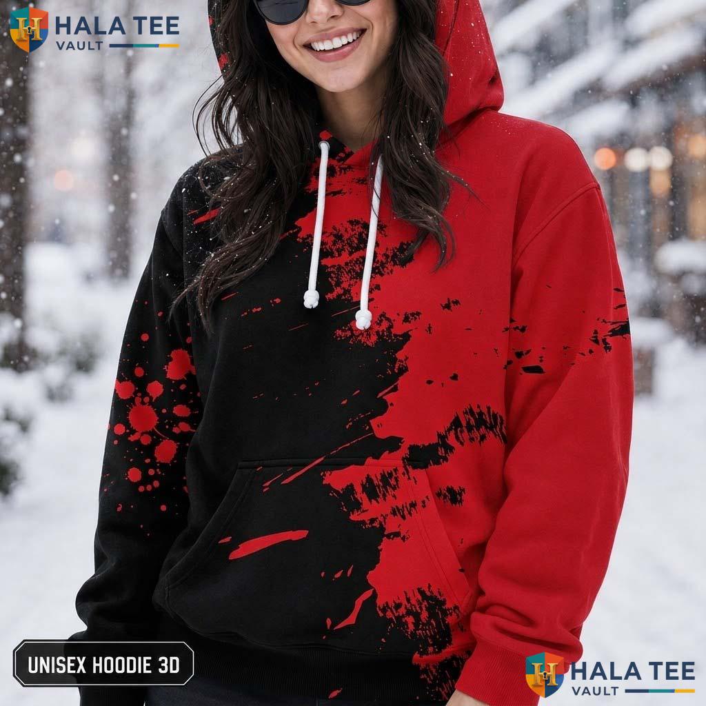 Red Black Splatter 3D Printed Hoodie Bold Artistic Graphic Halloween Apparel