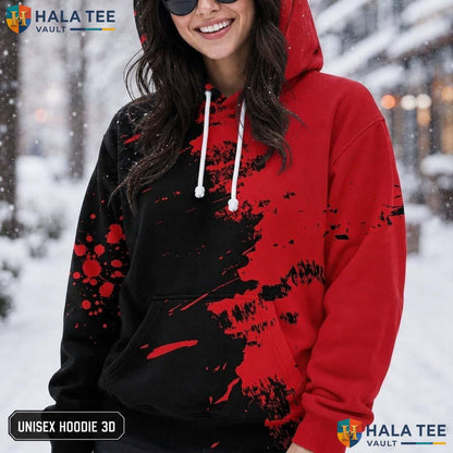 Red Black Splatter 3D Printed Hoodie Bold Artistic Graphic Halloween Apparel