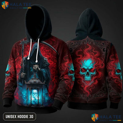 Red Blue Tone Reaper 3D Hoodie Haunting Eerie Skull Graphic Apparel