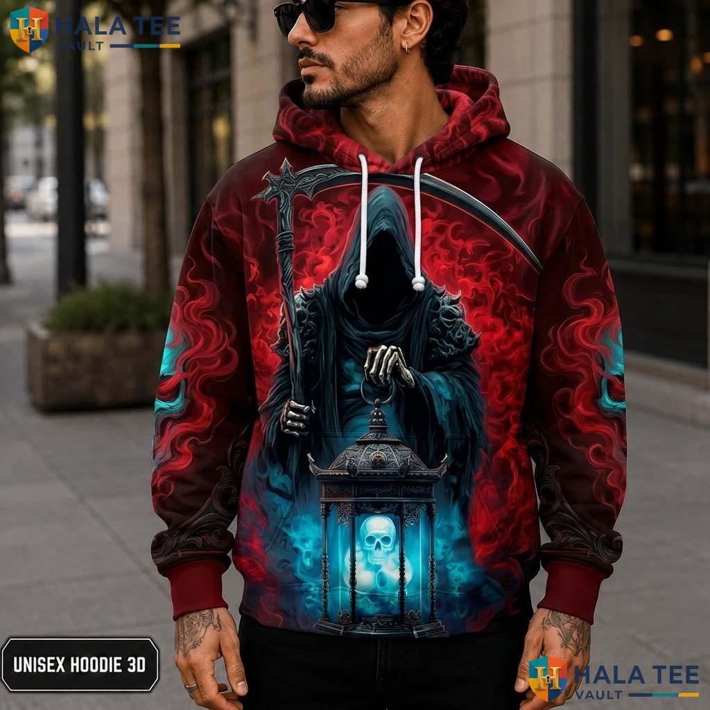 Red Blue Tone Reaper 3D Printed Hoodie Haunting Eerie Skull Graphic Apparel