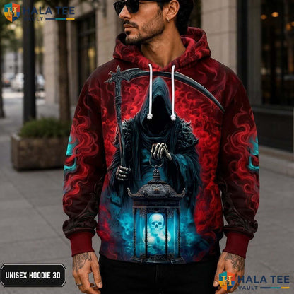 Red Blue Tone Reaper 3D Printed Hoodie Haunting Eerie Skull Graphic Apparel