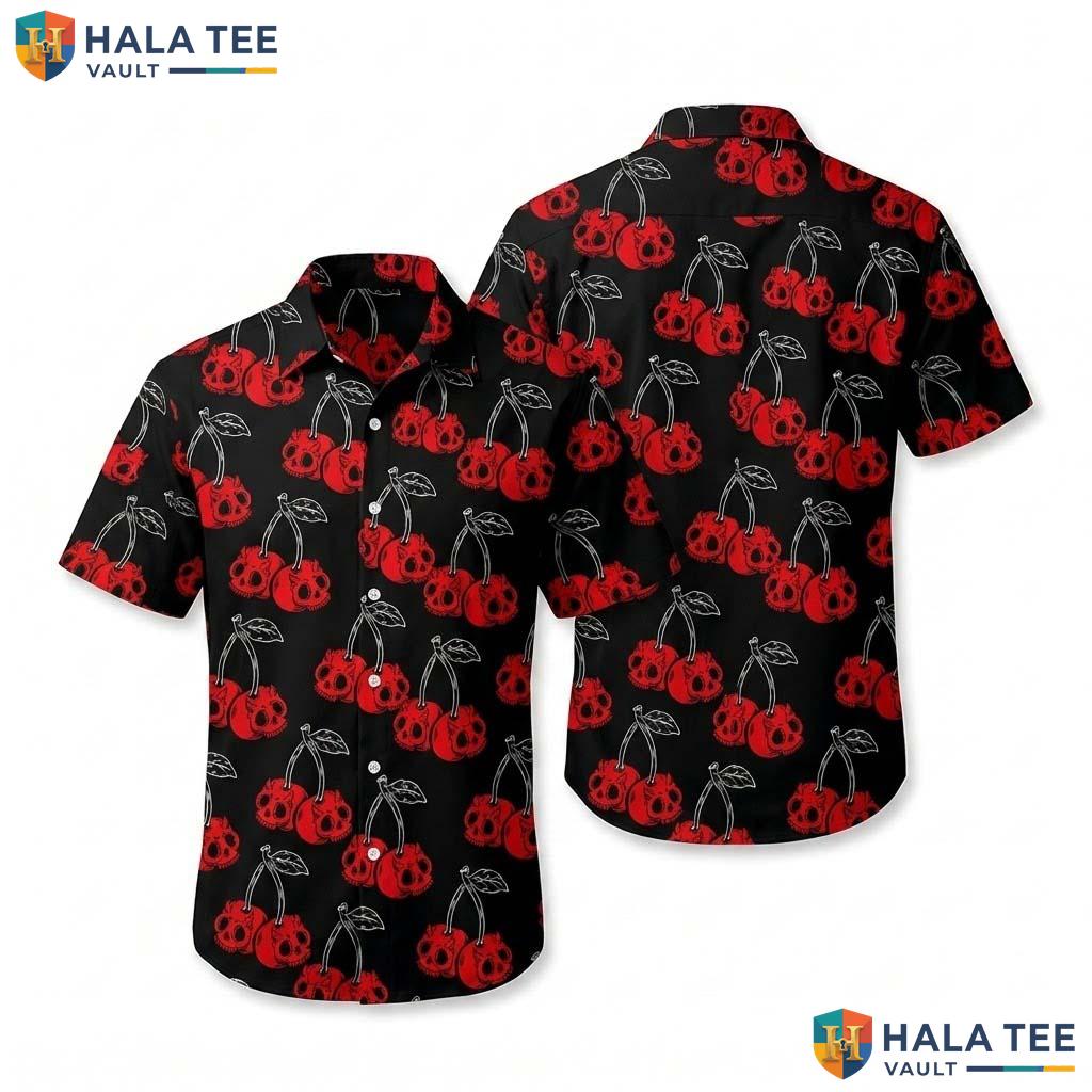 Red Cherry Skull Halloween Hawaiian Shirt Gothic Black Button Up Top