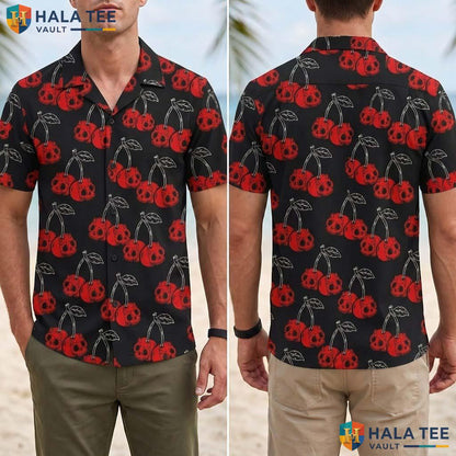Red Cherry Skull Halloween Hawaiian Shirt Gothic Black Button Up Top Adult