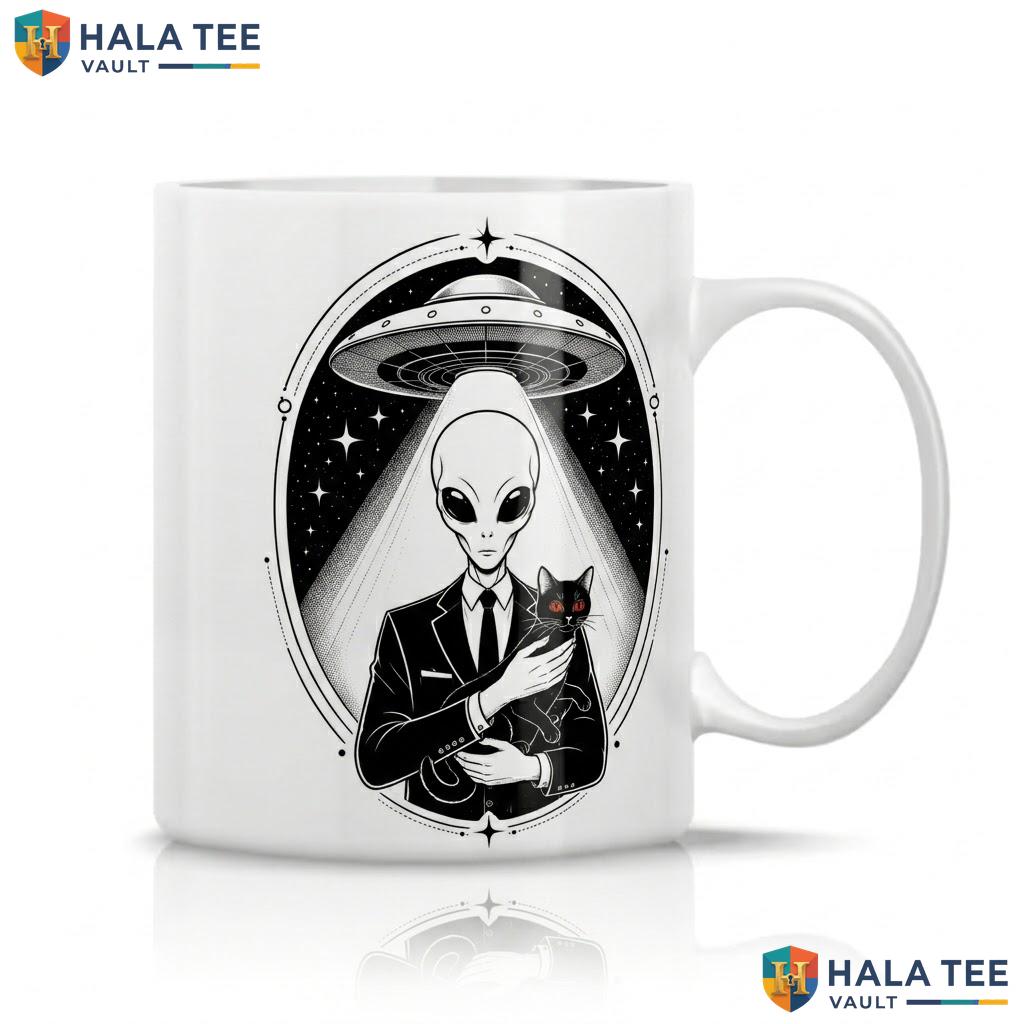 Red Eyes Black Cat UFO Halloween Cup Vintage Retro Alien Ceramic Coffee Mug