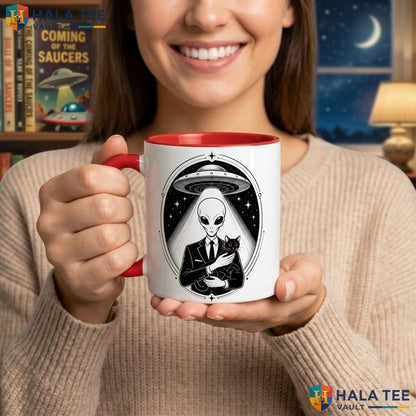 Red Eyes Black Cat UFO Halloween Camping Mug Vintage Retro Alien Ceramic Coffee Mug