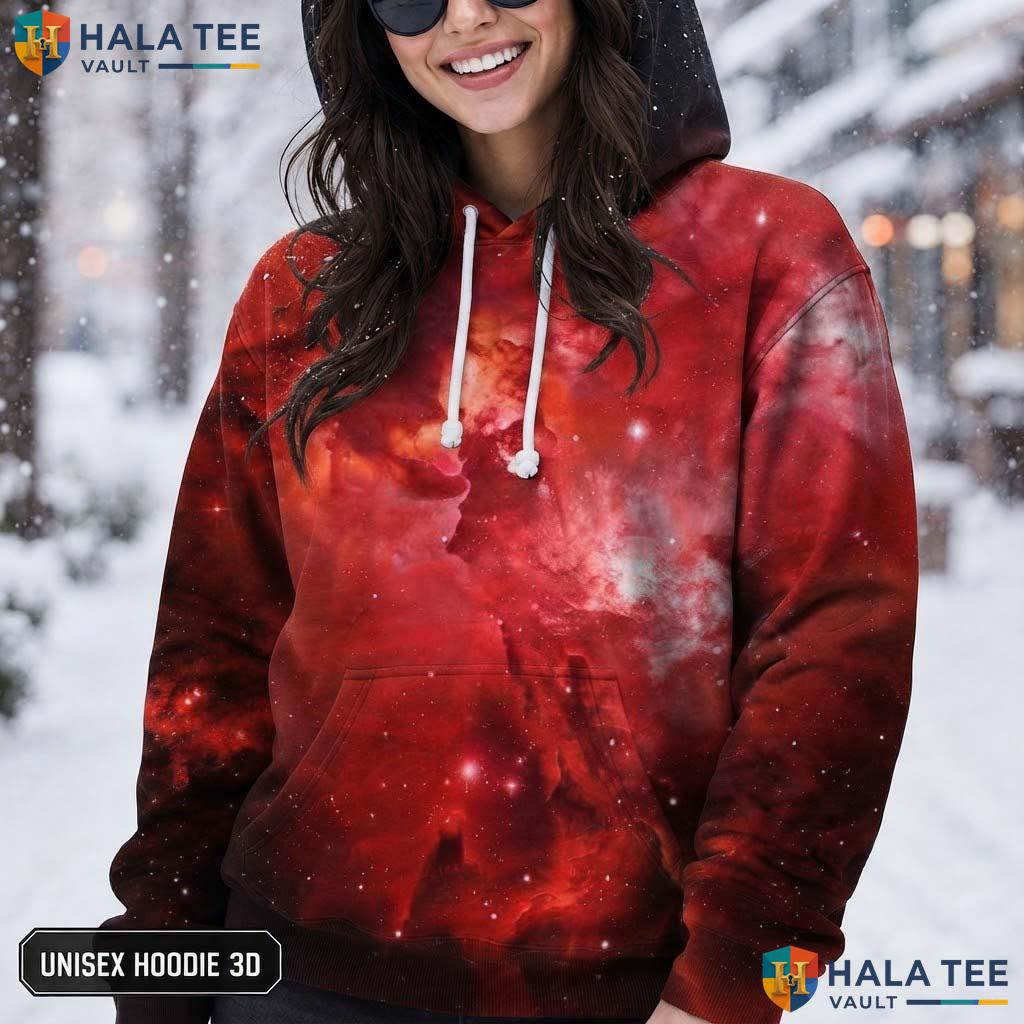 Red Galaxy Realistic Hoodie Men Women 3D Graphic Novelty Pullover Top AOP Hoodie