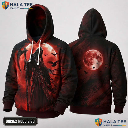 Red Moon Grim Reaper 3D Hoodie Dark Gothic Bat Skeleton Graphic Top