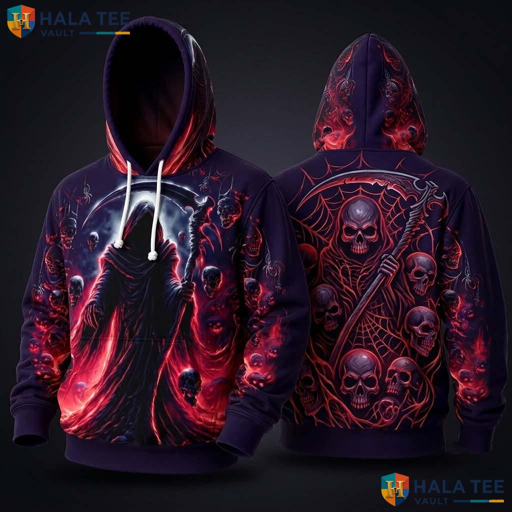 Red Nebula Grim Reaper 3D Hoodie Dark Cosmic Skull Graphic Sweatshirt