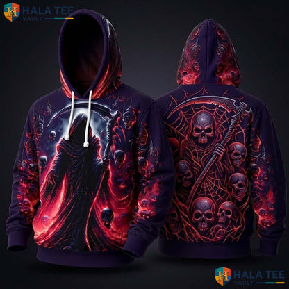 Red Nebula Grim Reaper 3D Hoodie Dark Cosmic Skull Graphic Sweatshirt