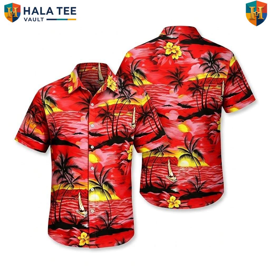 Red Palm Tree Hawaiian Shirt Mens Tropical Casual Summer Beach Outfit