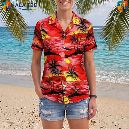 Red Palm Tree Tropical Shirt Mens Tropical Casual Summer Beach Outfit