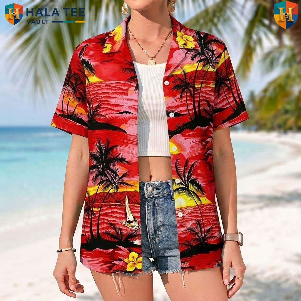 Red Palm Tree Aloha Shirt Mens Tropical Casual Summer Beach Outfit