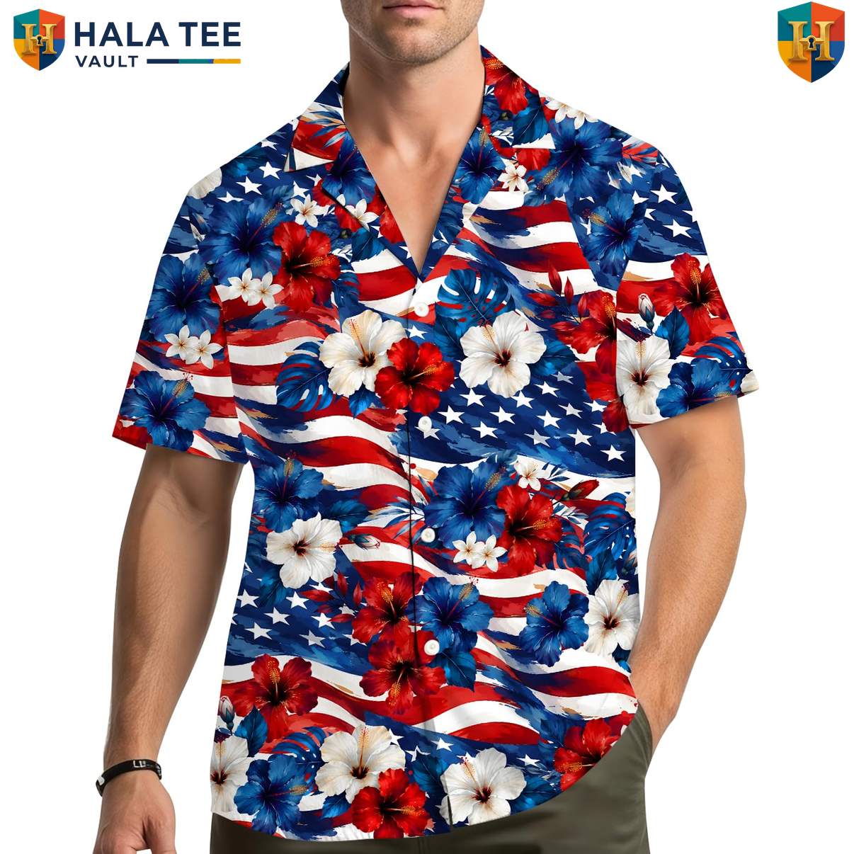 Red Patriotic USA Aloha Shirt Mens Fourth Of July Celebration Party Outfit