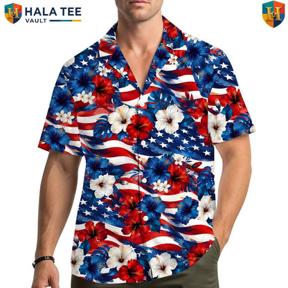 Red Patriotic USA Aloha Shirt Mens Fourth Of July Celebration Party Outfit