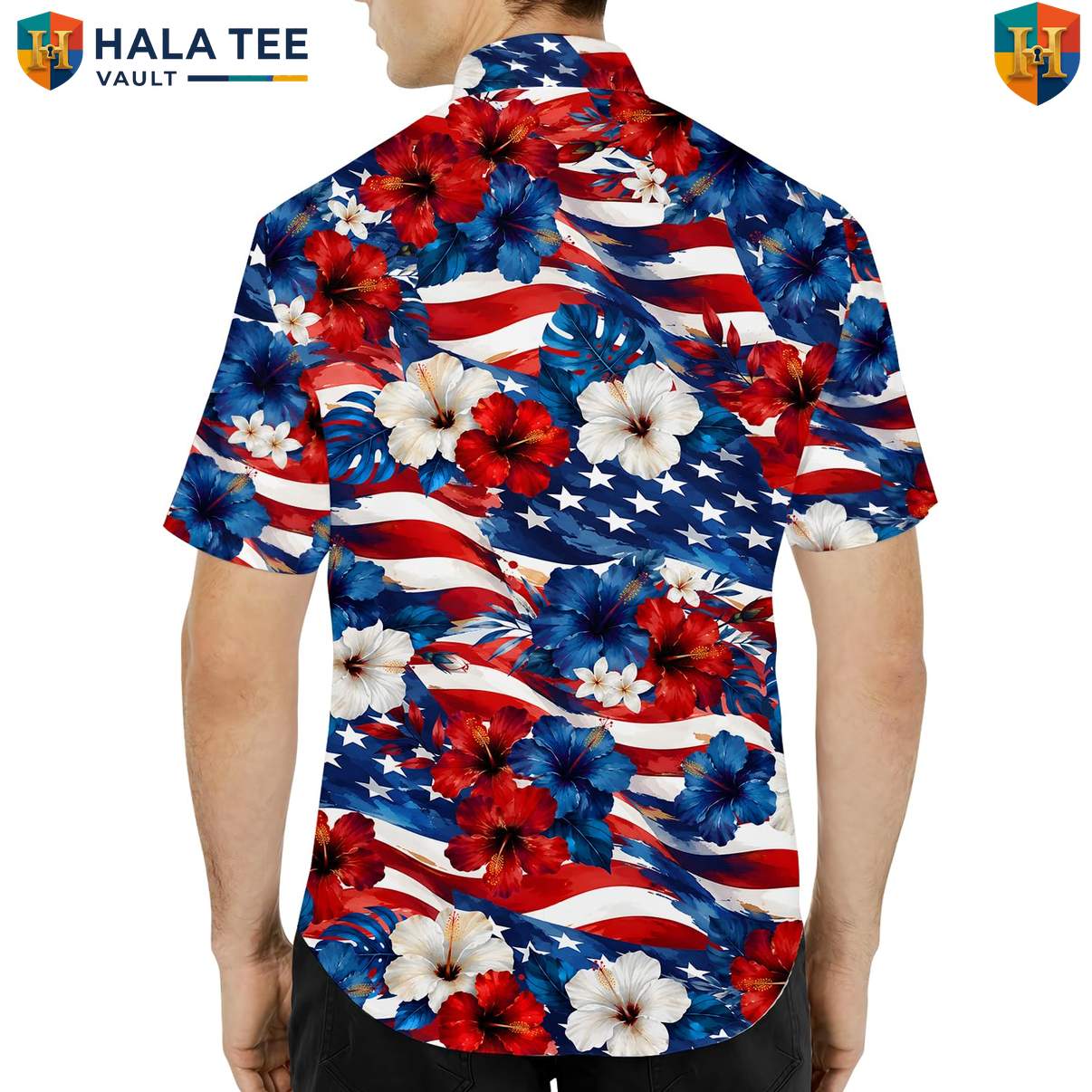 Red Patriotic USA Aloha Tee Shirt Mens Fourth Of July Celebration Party Outfit