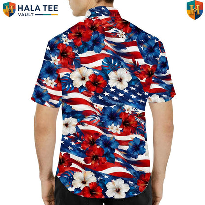 Red Patriotic USA Aloha Tee Shirt Mens Fourth Of July Celebration Party Outfit