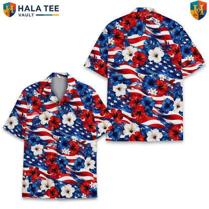 Red Patriotic USA Aloha T-Shirt Mens Fourth Of July Celebration Party Outfit