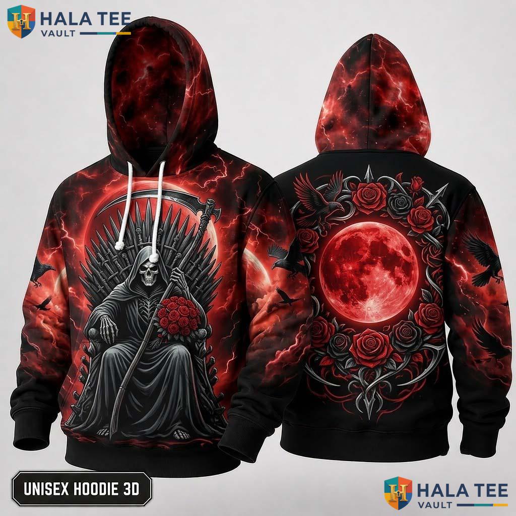 Red Rose Grim Reaper 3D Hoodie Gothic Skeleton Graphic Streetwear Top