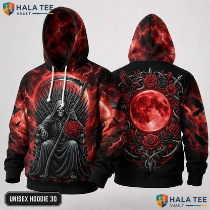 Red Rose Grim Reaper 3D Hoodie Gothic Skeleton Graphic Streetwear Top