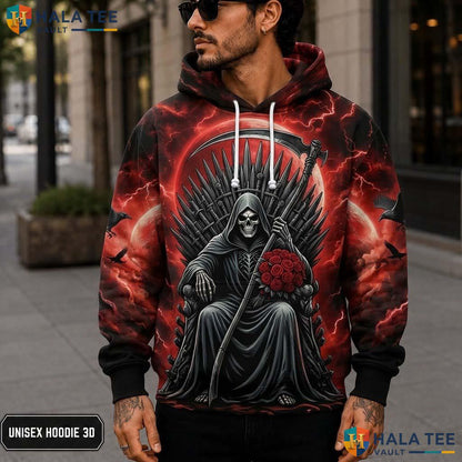 Red Rose Grim Reaper 3D Printed Hoodie Gothic Skeleton Graphic Streetwear Top