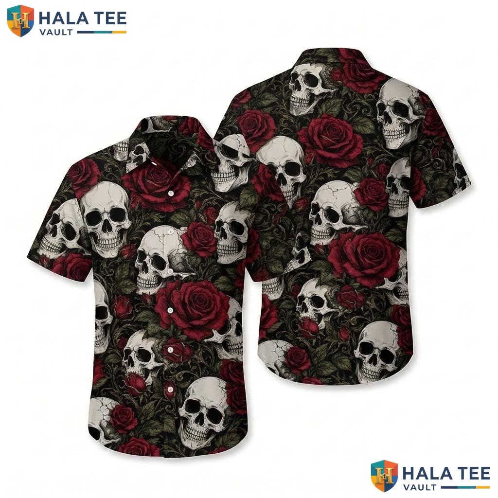 Red Rose Skull Halloween Hawaiian Shirt Gothic Tattoo Vintage Aloha
