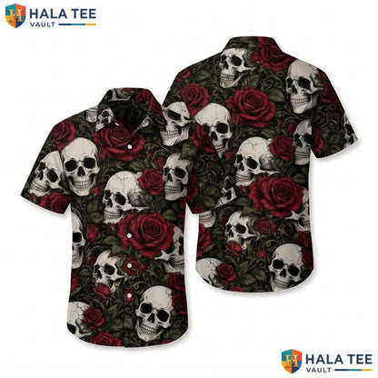 Red Rose Skull Halloween Hawaiian Shirt Gothic Tattoo Vintage Aloha