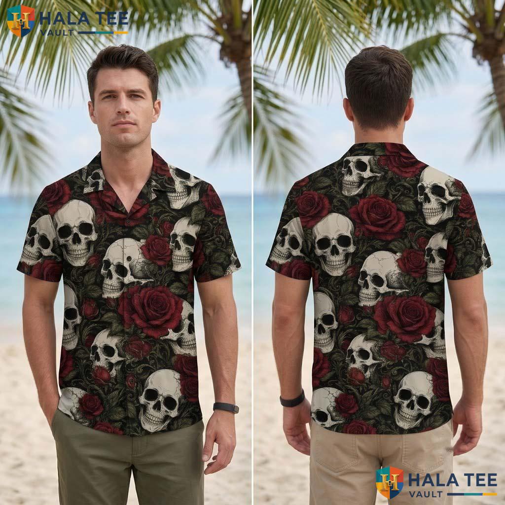 Red Rose Skull Halloween Hawaiian Shirt Gothic Tattoo Vintage Aloha Adult