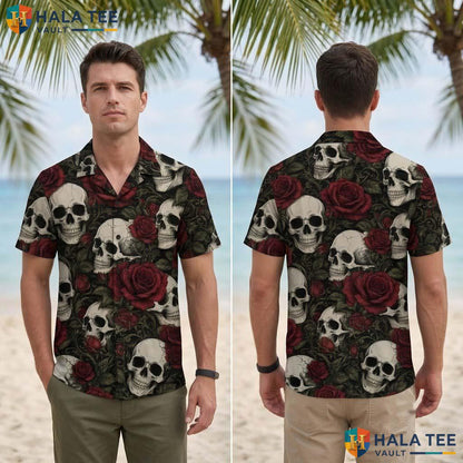 Red Rose Skull Halloween Hawaiian Shirt Gothic Tattoo Vintage Aloha Adult