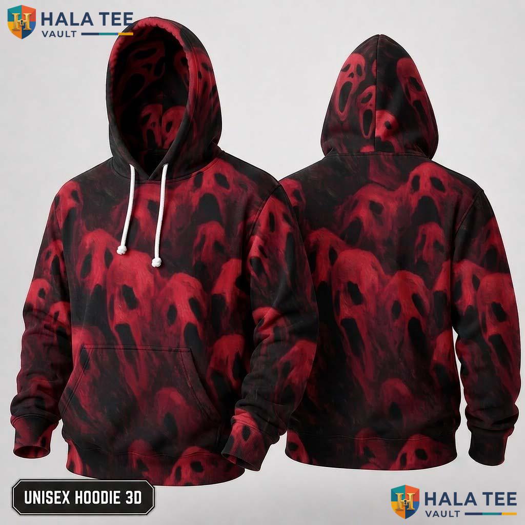 Red Screaming Ghost 3D Hoodie Vintage Graphic Face Halloween Apparel