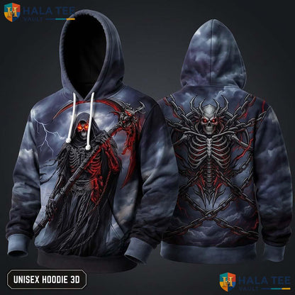 Red Scythe Grim Reaper 3D Hoodie Vintage Dark Gothic Skull Streetwear