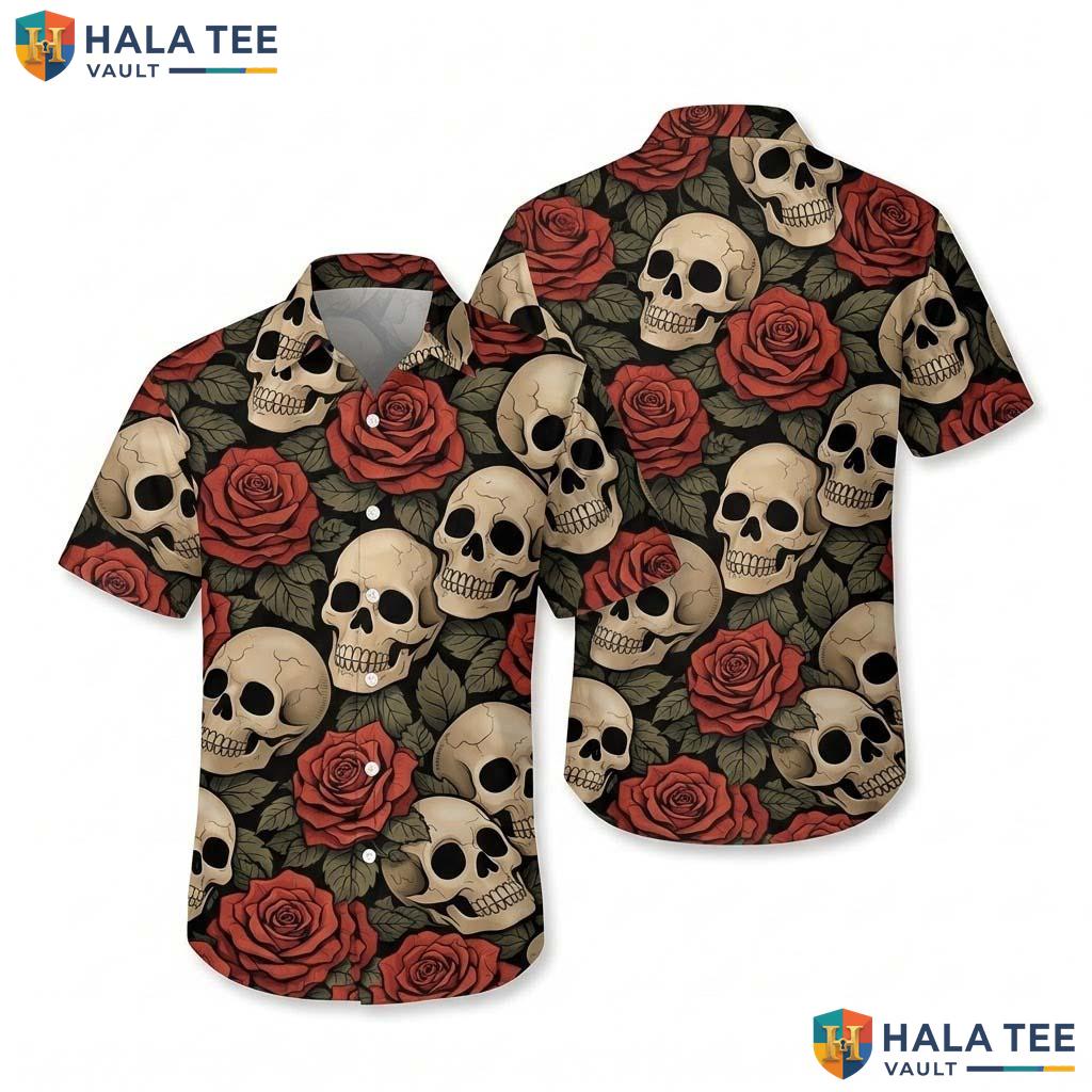 Red Skull Funny Hawaiian Shirt Mens Novelty Graphic Aloha Button Down